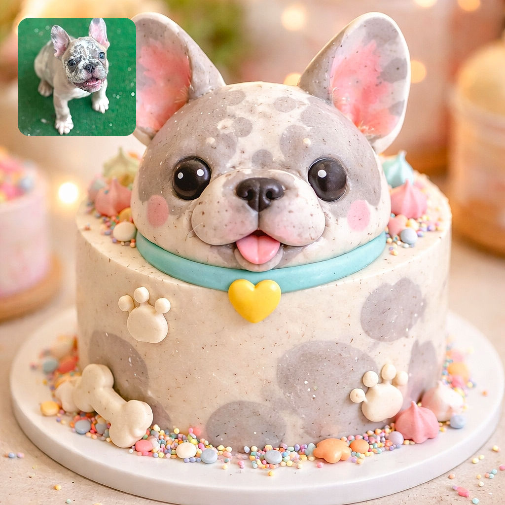 A cute French Bulldog puppy with a speckled face looks up eagerly with bright eyes and a slightly open mouth, standing on a green textured surface with a softly blurred background.