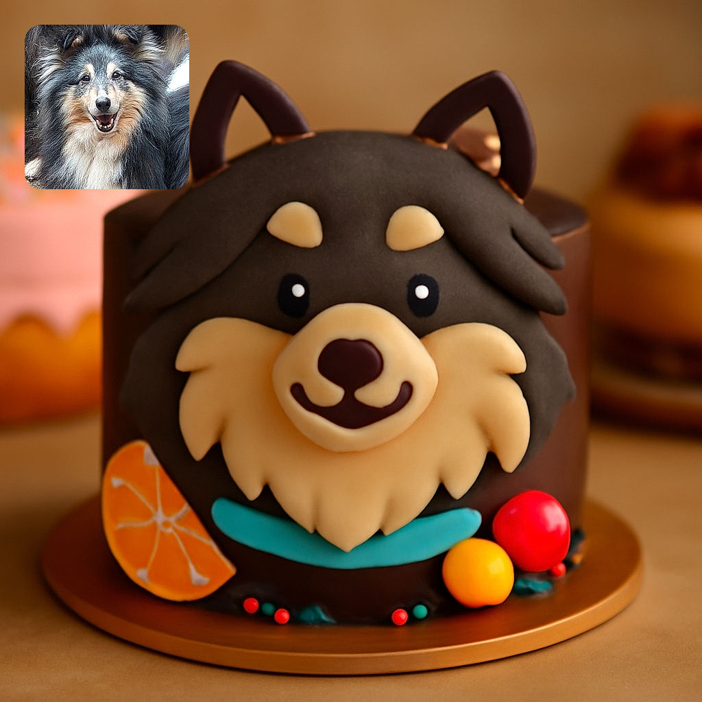 A fluffy, happy dog with a thick, multi-colored coat smiles joyfully at the camera, its bright eyes and open mouth radiating pure canine cheer against a natural outdoor background.