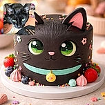 A close-up photo of a sleek black cat with piercing green eyes staring directly at the camera, perched on a person's chest. The person has purple-painted nails and is wearing a light-colored top, while the background shows a cozy setting with cushions and blankets.