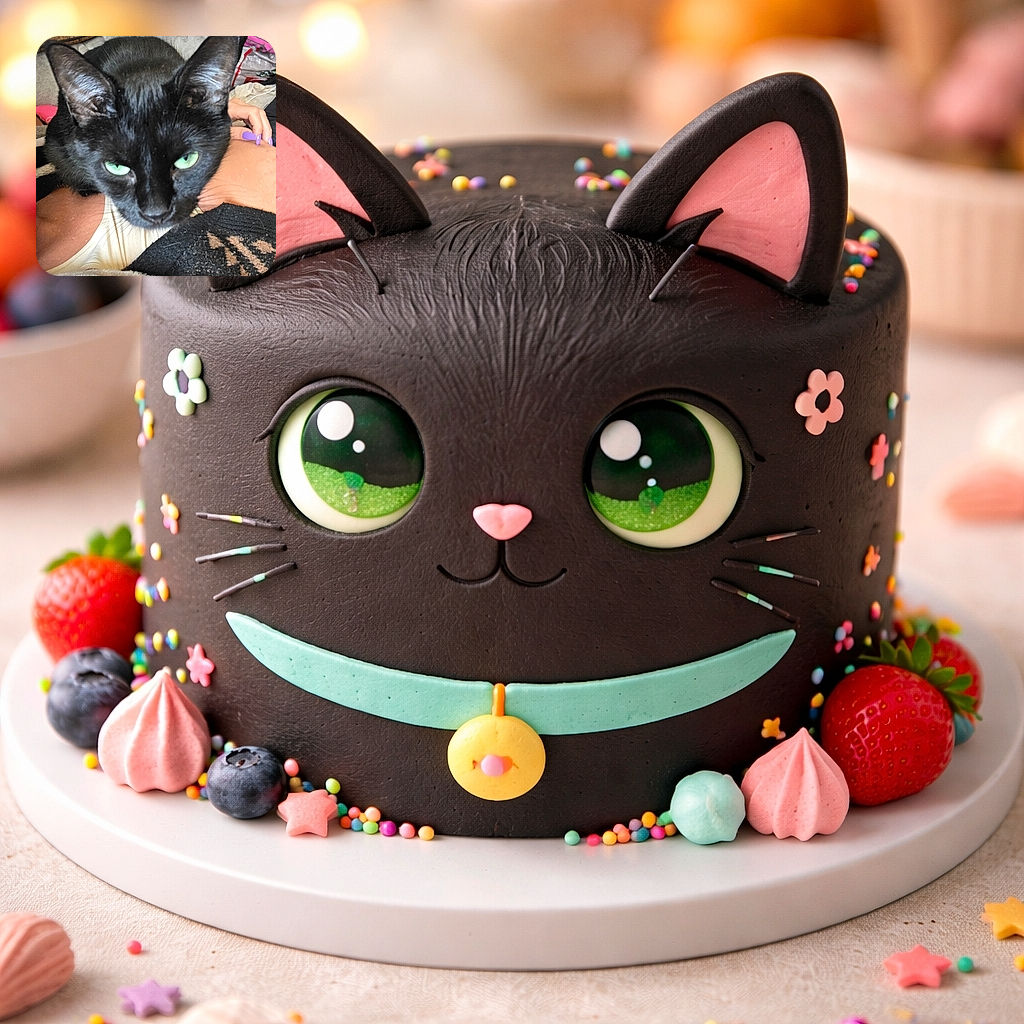 A close-up photo of a sleek black cat with piercing green eyes staring directly at the camera, perched on a person's chest. The person has purple-painted nails and is wearing a light-colored top, while the background shows a cozy setting with cushions and blankets.