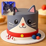 A close-up portrait of a dignified gray and white cat with piercing green eyes, posed in front of a softly blurred background of blue and white lights resembling a festive decoration.