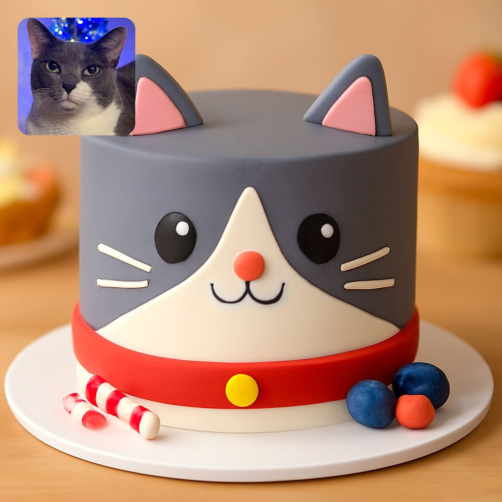 A close-up portrait of a dignified gray and white cat with piercing green eyes, posed in front of a softly blurred background of blue and white lights resembling a festive decoration.