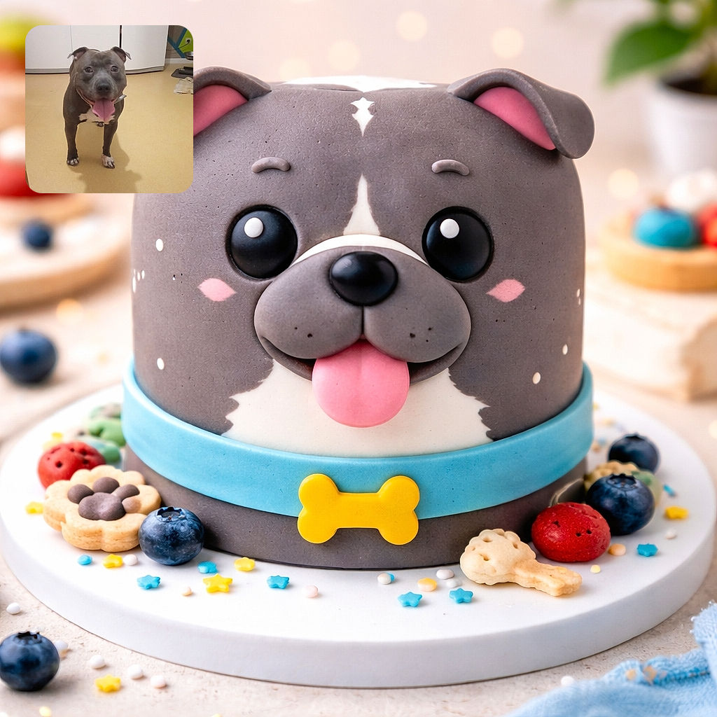 A delighted gray dog fills the frame, tongue flopping out like it just told a great joke. It stands on a yellow kitchen floor with white cabinets behind, a water bowl and towel off to the right, and the owner's shadow at the bottom — pure panting joy and dinner-time optimism.