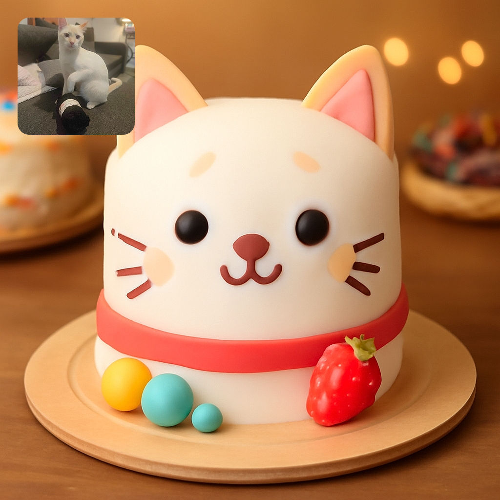 A white cat with light orange ears is sitting on a gray couch, pawing at a black knitted object that looks like a small plush toy or roll of yarn, in a cozy living room setting with soft lighting and comfy cushions.