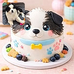 A fluffy black and white puppy with striking blue eyes lounges on a cozy gray blanket, gripping a bright orange and pink toy, surrounded by pastel-colored playpen panels. The pup looks curiously at the camera, ready for playtime or a nap.