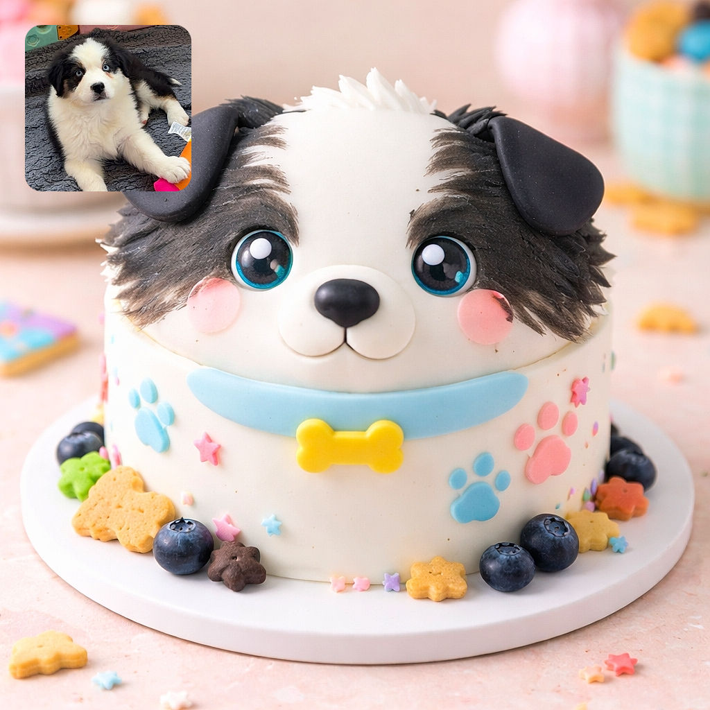 A fluffy black and white puppy with striking blue eyes lounges on a cozy gray blanket, gripping a bright orange and pink toy, surrounded by pastel-colored playpen panels. The pup looks curiously at the camera, ready for playtime or a nap.