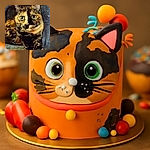 A tortoiseshell cat lounges comfortably, its strikingly patterned fur and big, curious eyes stealing the spotlight against a soft, textured background.