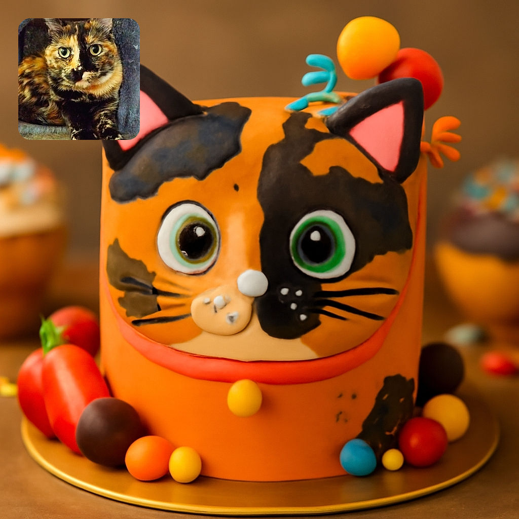 A tortoiseshell cat lounges comfortably, its strikingly patterned fur and big, curious eyes stealing the spotlight against a soft, textured background.