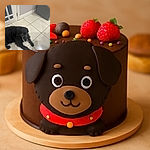 An older black dog with a graying face is lying on a clean tiled floor in a corner near a door and a gray appliance, looking calm and contemplative.