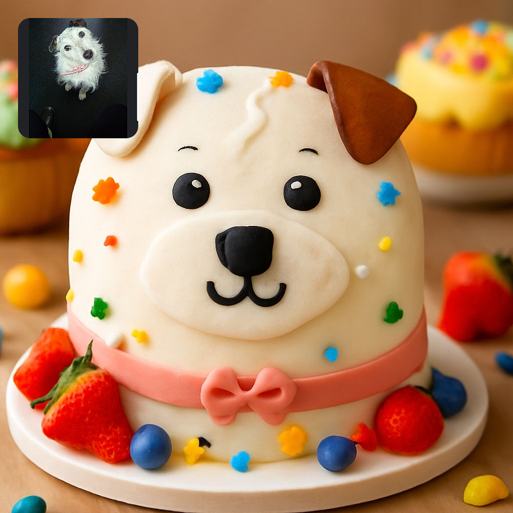A fluffy white dog with a pink collar looks up adorably from a dark floor, captured from above between a pair of legs, as if waiting patiently for a treat or some attention.