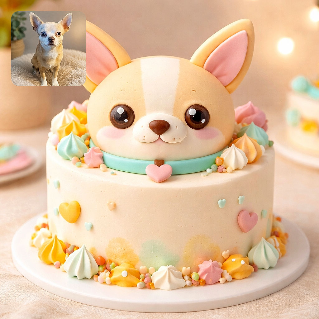 A tiny Chihuahua with big, curious eyes sits perched on a fluffy cream-colored bed, looking straight at the camera with an expression that says, "Did you bring treats?" The soft lighting and blurred background with a potted plant add a cozy vibe to this adorable portrait.