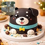 A sunbathing dog lounges on a stone ledge in the warm light, photobombed by a sculptural round table in the foreground and a white gate and palm plants in the background — a sleepy patio scene that feels like a holiday postcard with a canine cameo.