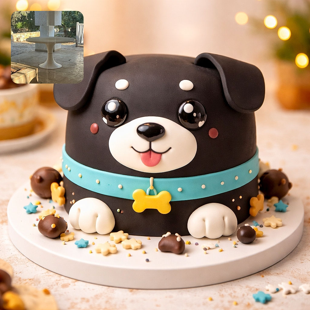 A sunbathing dog lounges on a stone ledge in the warm light, photobombed by a sculptural round table in the foreground and a white gate and palm plants in the background — a sleepy patio scene that feels like a holiday postcard with a canine cameo.