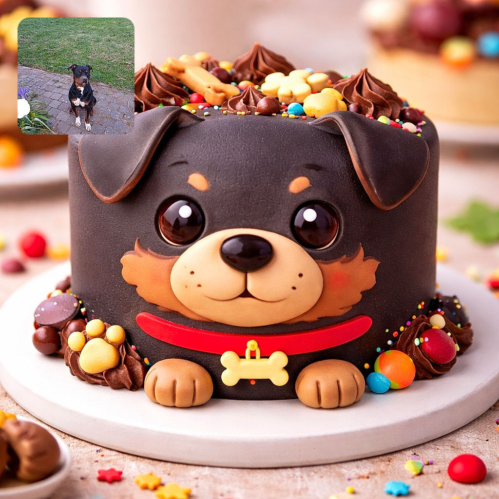 A well-focused photo of a black and brown dog sitting obediently on a paved garden path, surrounded by green grass and colorful flowers, looking attentively to the side.