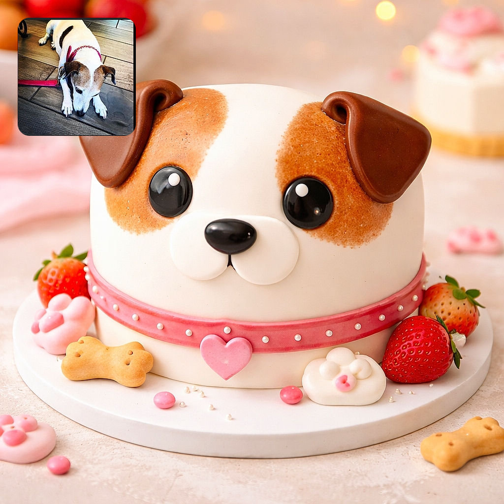 A small dog with a white coat and brown markings is lying down on a wooden floor, looking intently at something below. The dog sports a bright pink collar with studs and a matching leash, adding a pop of color to the earthy tones of the floor. The scene captures a quiet, contemplative moment of the pup.