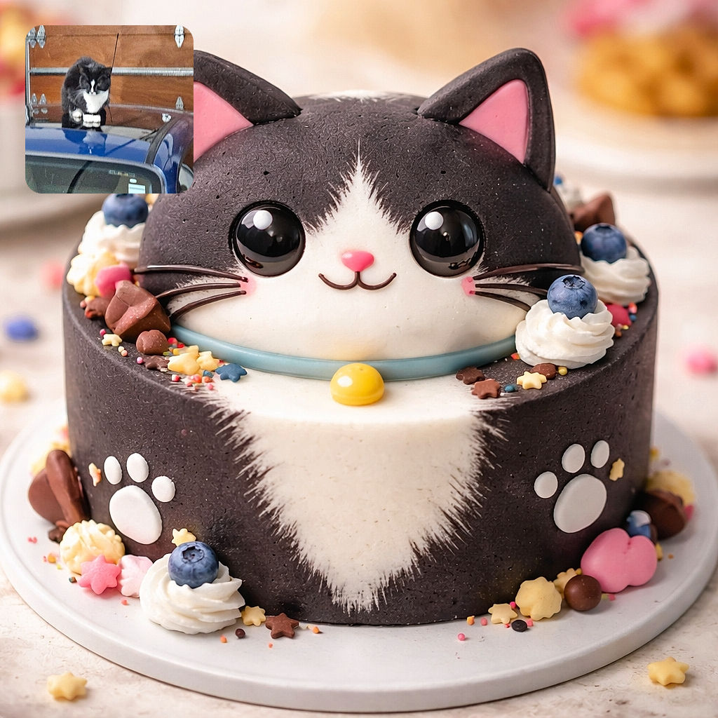 A tuxedo cat perches like a tiny, judgmental rooftop sentinel on a blue car in a garage — slightly out of focus, with whiskers, white chest, and paws visible, an antenna behind it and a wooden garage door in the background. The scene looks candid and cozy, like the cat is guarding the vehicle or plotting its next nap.