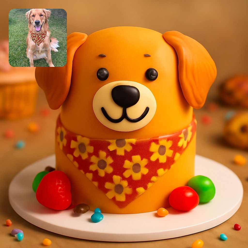 A happy golden retriever sits on a grassy lawn, sporting a bright sunflower-patterned bandana, looking like the friendliest pup ready for a summer picnic.