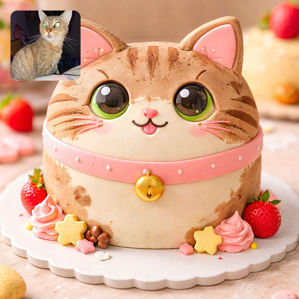 A close-up photo of a curious tabby cat with glowing eyes from the camera flash, sitting on a soft pink and white blanket. The background is dark and somewhat cluttered, highlighting the cat's fur and whiskers in sharp detail.