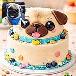 A close-up photo of an adorable pug puppy wearing a blue and yellow harness, sitting comfortably, with its tongue sticking out and big, shiny eyes looking curiously at the camera. The background is blurred, likely inside a car, highlighting the cute little face of the dog.