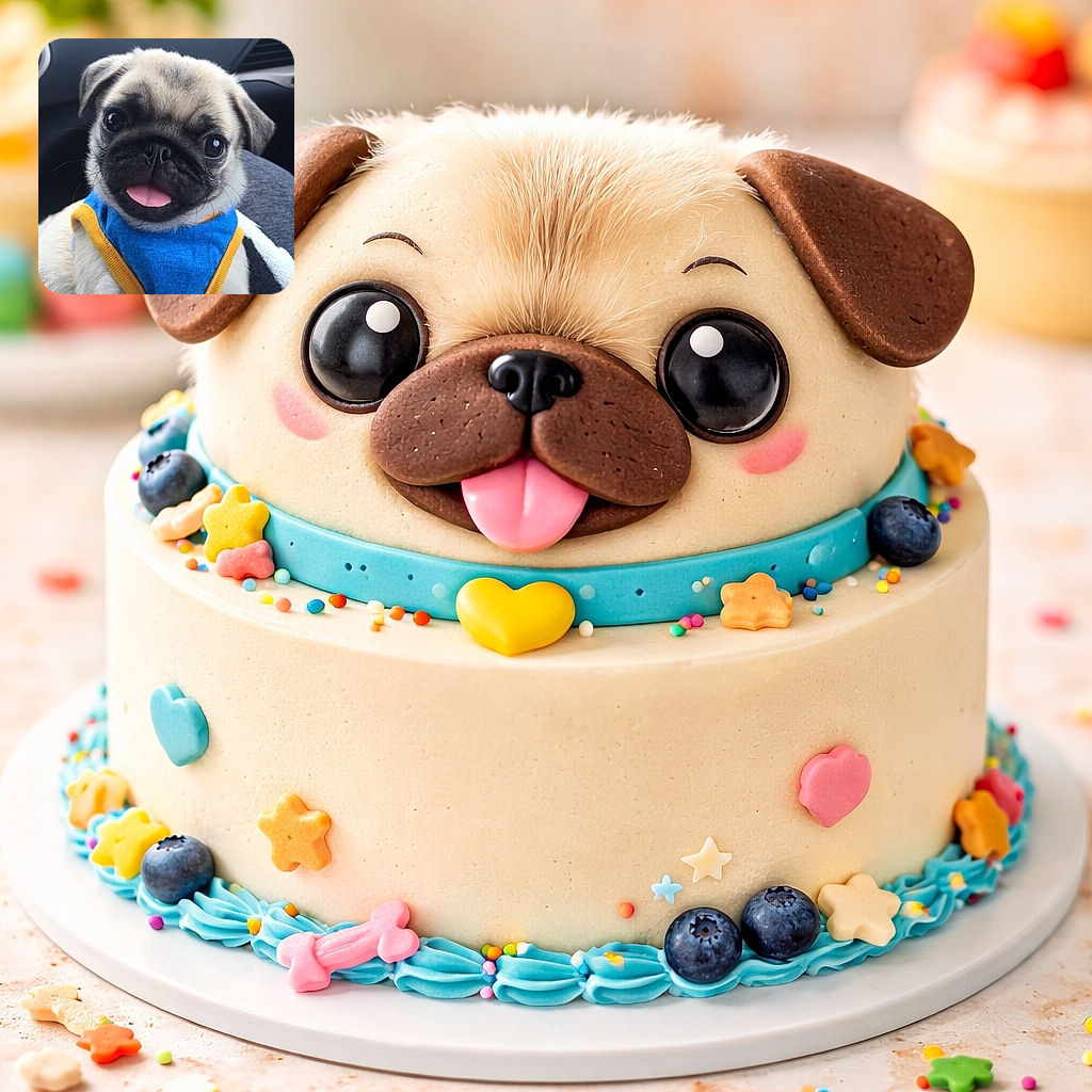A close-up photo of an adorable pug puppy wearing a blue and yellow harness, sitting comfortably, with its tongue sticking out and big, shiny eyes looking curiously at the camera. The background is blurred, likely inside a car, highlighting the cute little face of the dog.
