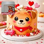 A charming dog wearing a red bandana sits at a heart-patterned table with Valentine-themed treats, sporting adorable lipstick kiss marks on its face, looking like the cutest valentine ever.