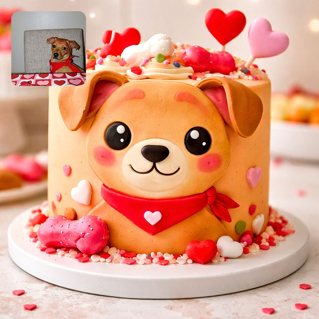 A charming dog wearing a red bandana sits at a heart-patterned table with Valentine-themed treats, sporting adorable lipstick kiss marks on its face, looking like the cutest valentine ever.