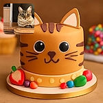 A charming tabby cat is perched comfortably on a polished wooden table, staring intently with wide, curious eyes as if pondering the mysteries of the universe or the next meal.