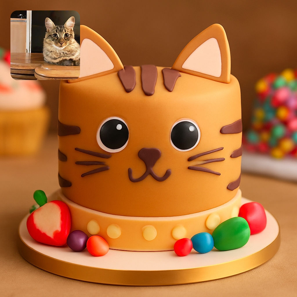 A charming tabby cat is perched comfortably on a polished wooden table, staring intently with wide, curious eyes as if pondering the mysteries of the universe or the next meal.