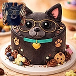 A cool black dog wearing aviator-style sunglasses sits on a wooden chair with intricate carvings, framed by a playful leopard print border, looking like the ultimate canine fashion icon.