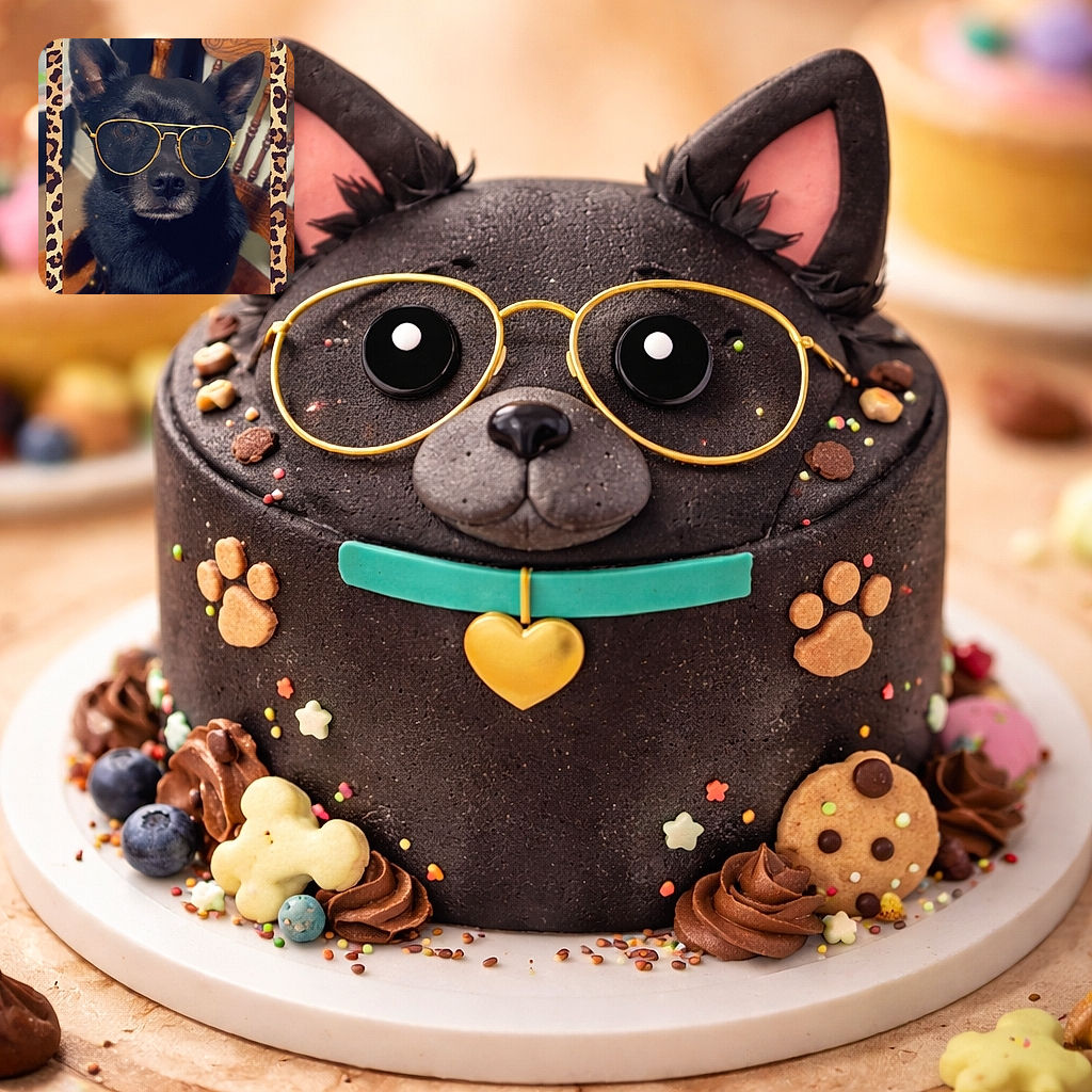 A cool black dog wearing aviator-style sunglasses sits on a wooden chair with intricate carvings, framed by a playful leopard print border, looking like the ultimate canine fashion icon.