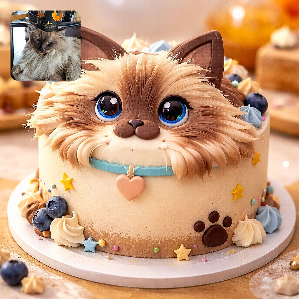 A royally unimpressed fluffy cat wearing a paper crown lounges like it owns the place — fur cascading like a mane, one blue eye half-closed in judgment, clearly accepting offerings of chin scratches.