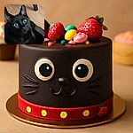 A wide-eyed black cat looks up with a curious and slightly startled expression, its shiny fur contrasting against a wooden floor background and a chair leg in the corner.