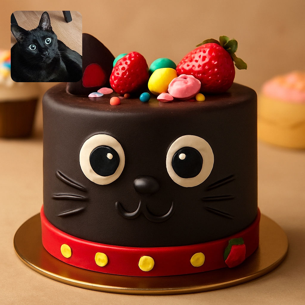 A wide-eyed black cat looks up with a curious and slightly startled expression, its shiny fur contrasting against a wooden floor background and a chair leg in the corner.