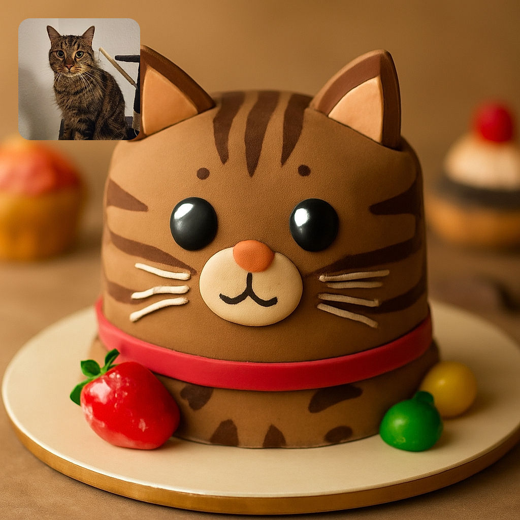 A curious tabby cat with striking green eyes sits attentively on a dark surface next to a scratching post, with a plain light-colored wall as the backdrop.