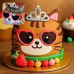 A cool cat rocking oversized heart-shaped sunglasses and a sparkly tiara, looking like the ultimate feline royalty ready for a sunny day parade or a catwalk show.