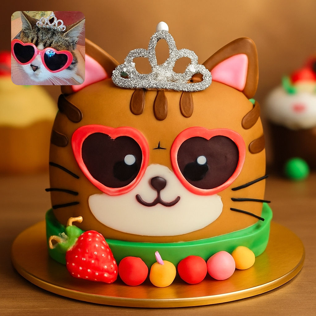 A cool cat rocking oversized heart-shaped sunglasses and a sparkly tiara, looking like the ultimate feline royalty ready for a sunny day parade or a catwalk show.