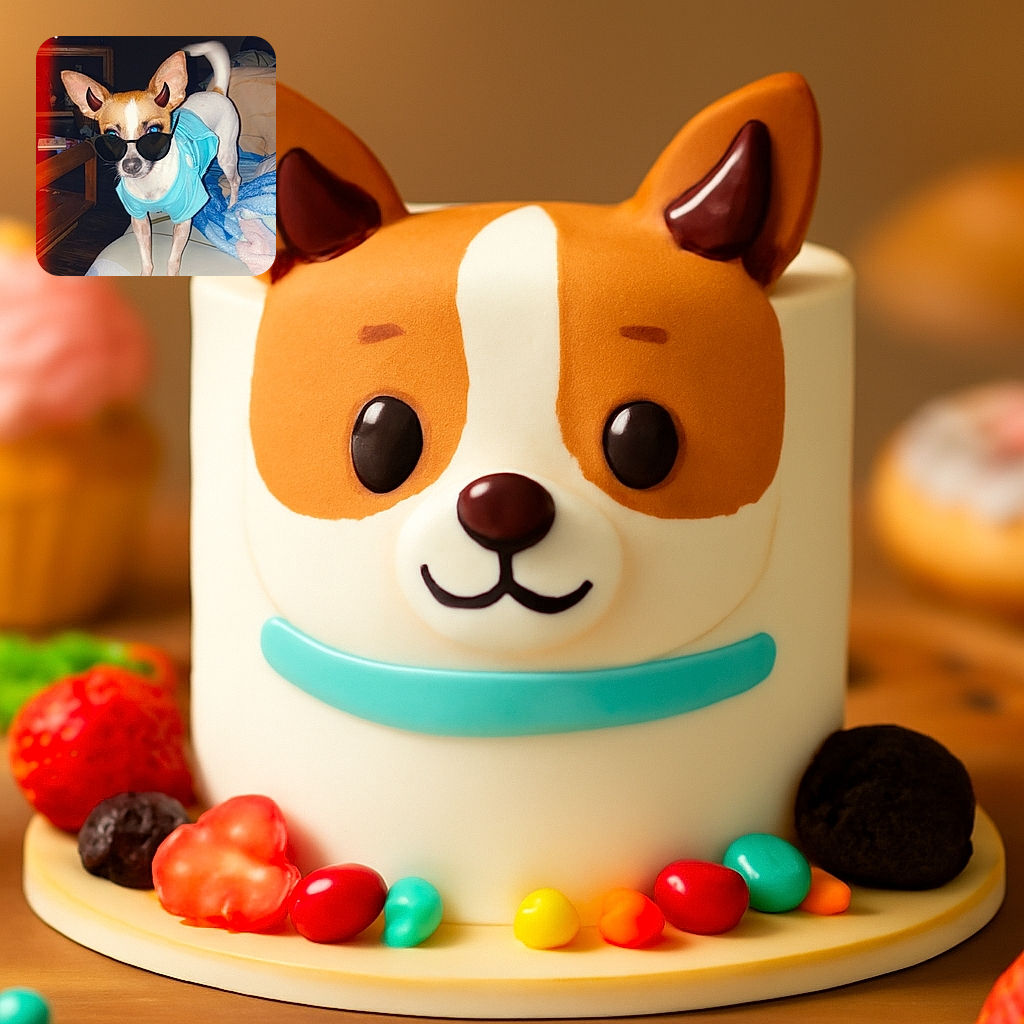 A small dog wearing a blue shirt and sunglasses with devil horns filter, standing on a couch with a playful and mischievous vibe. The background shows a dimly lit room with a TV screen displaying a person with long white hair, adding a quirky contrast to the scene.