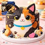 A wide-eyed calico cat loafing on a plush blue blanket, staring directly at the camera like it just remembered it left the universe slightly out of order. Ears perked, whiskers on point, and a tail curled neatly — pure cozy mischief.