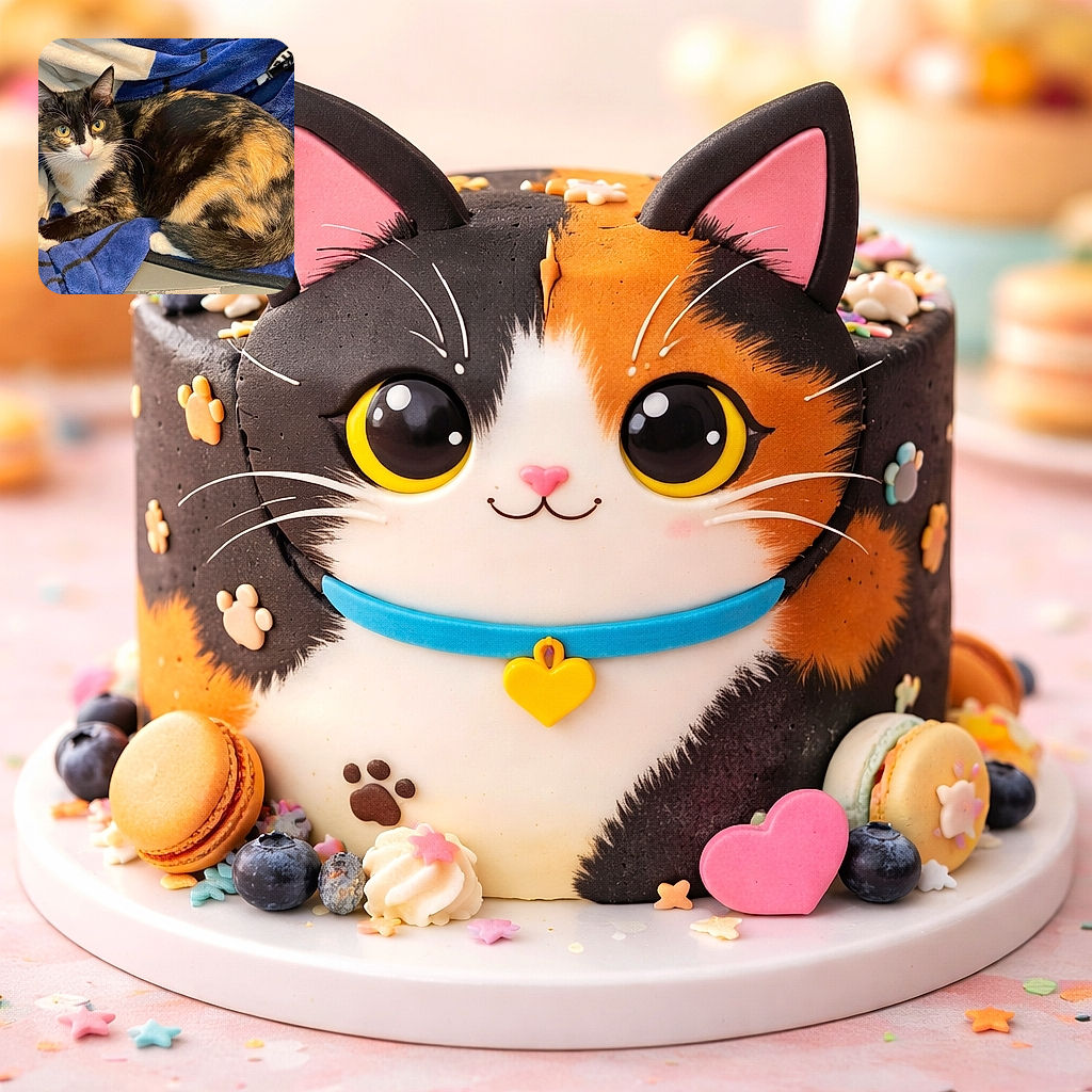 A wide-eyed calico cat loafing on a plush blue blanket, staring directly at the camera like it just remembered it left the universe slightly out of order. Ears perked, whiskers on point, and a tail curled neatly — pure cozy mischief.