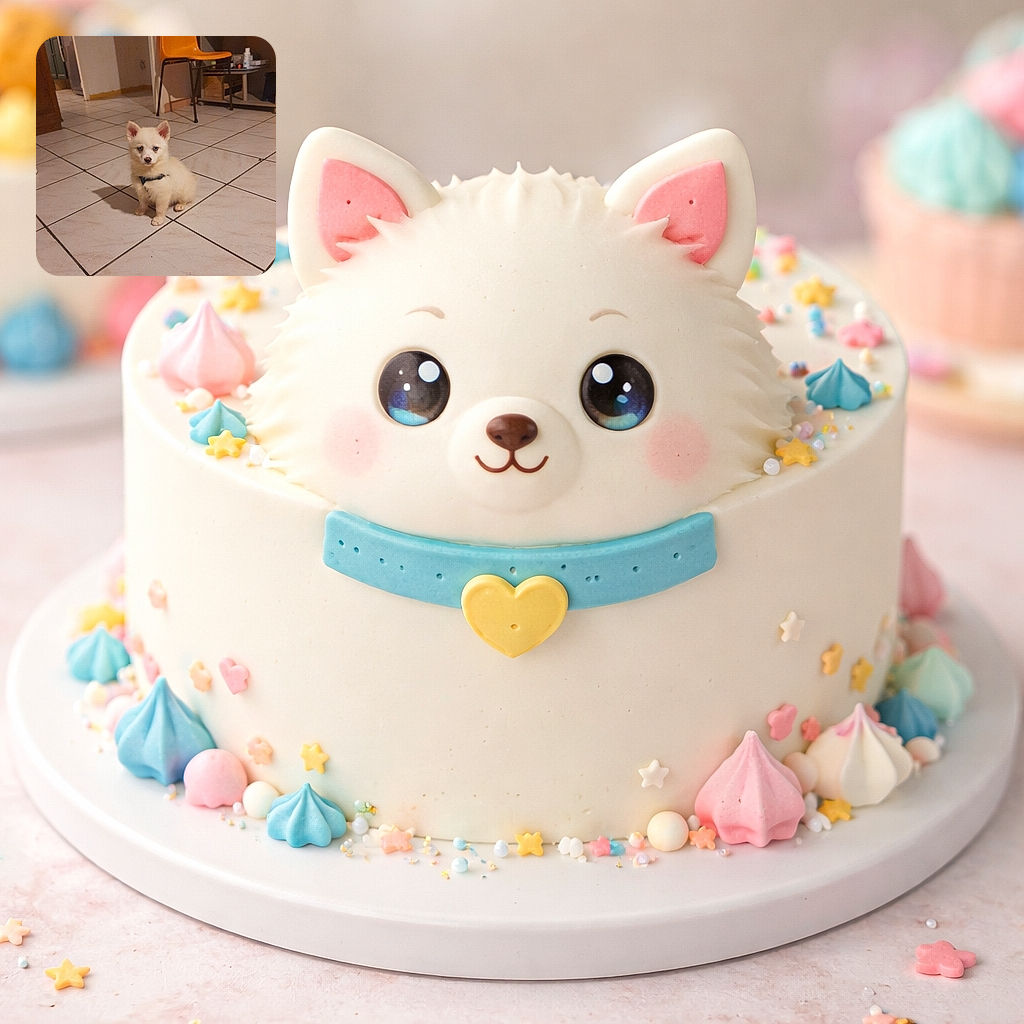 A fluffy white puppy with striking blue eyes and a cute little black nose sits patiently on a tiled floor, wearing a small harness. The background shows a cozy room with an orange chair and a cluttered table, giving a warm home vibe.