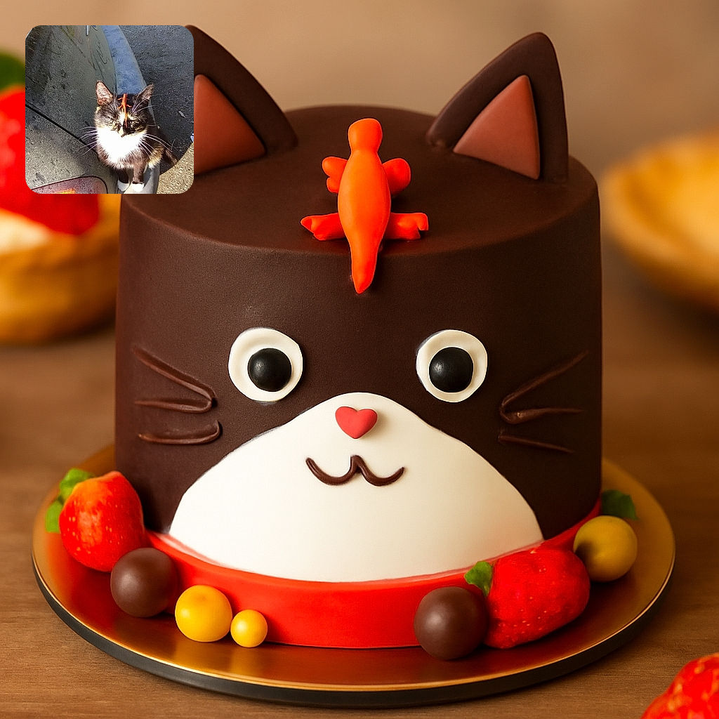 A black and white cat sits patiently on the dusty bumper of a car with a small bright orange lizard perched on its head, seemingly unaware of its unusual hat.