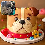 A close-up photo of a bulldog resting on a colorful blanket with a floral pattern, looking calm and relaxed with its wrinkled face filling most of the frame.