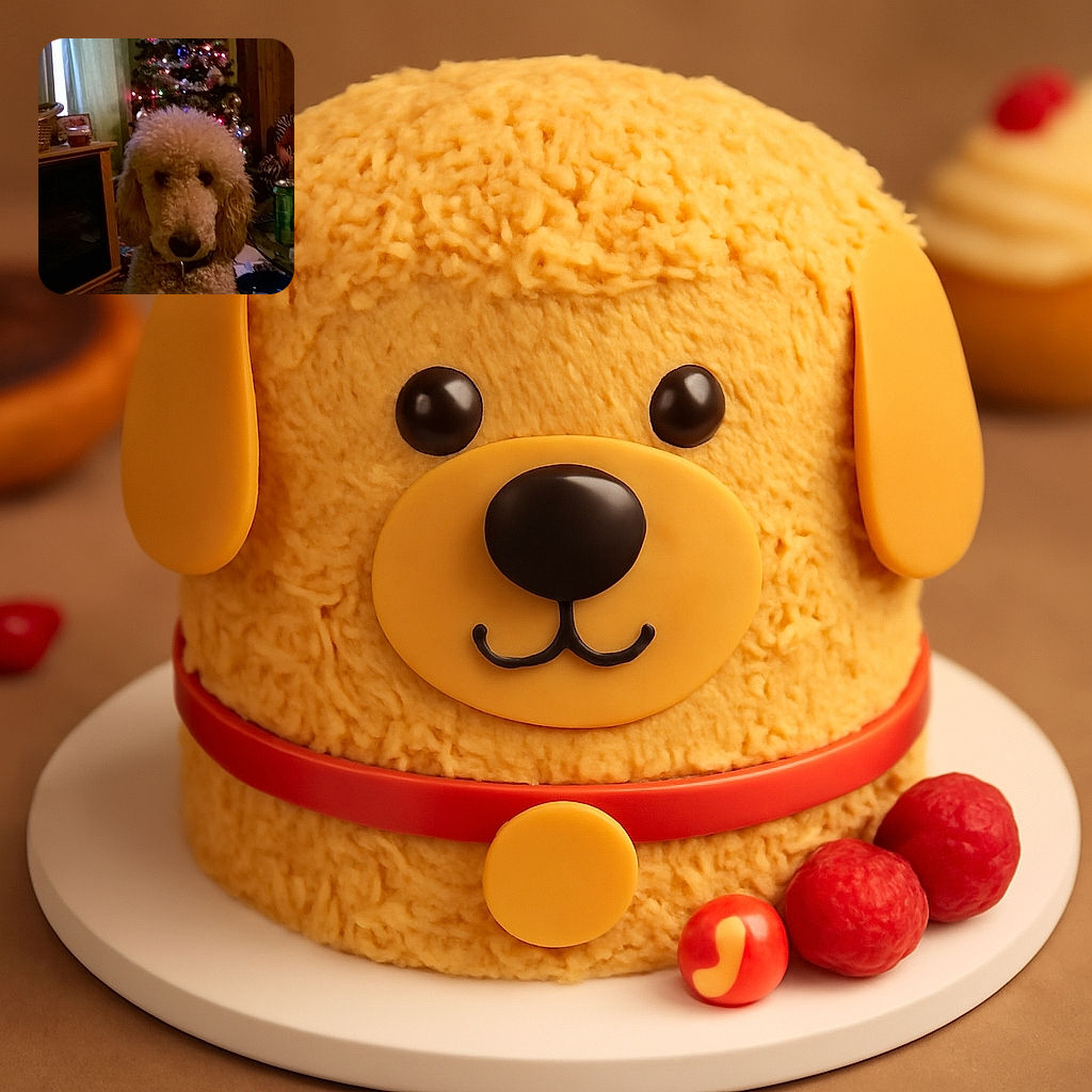 A fluffy curly-haired dog sits attentively in front of a festively decorated Christmas tree, surrounded by cozy indoor furniture and holiday lights glowing softly in the background.