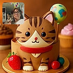 A casual selfie of a woman holding a curious tabby cat in a cozy, decorated room with colorful balloons floating above, a clock showing the time, and a fridge adorned with magnets in the background.