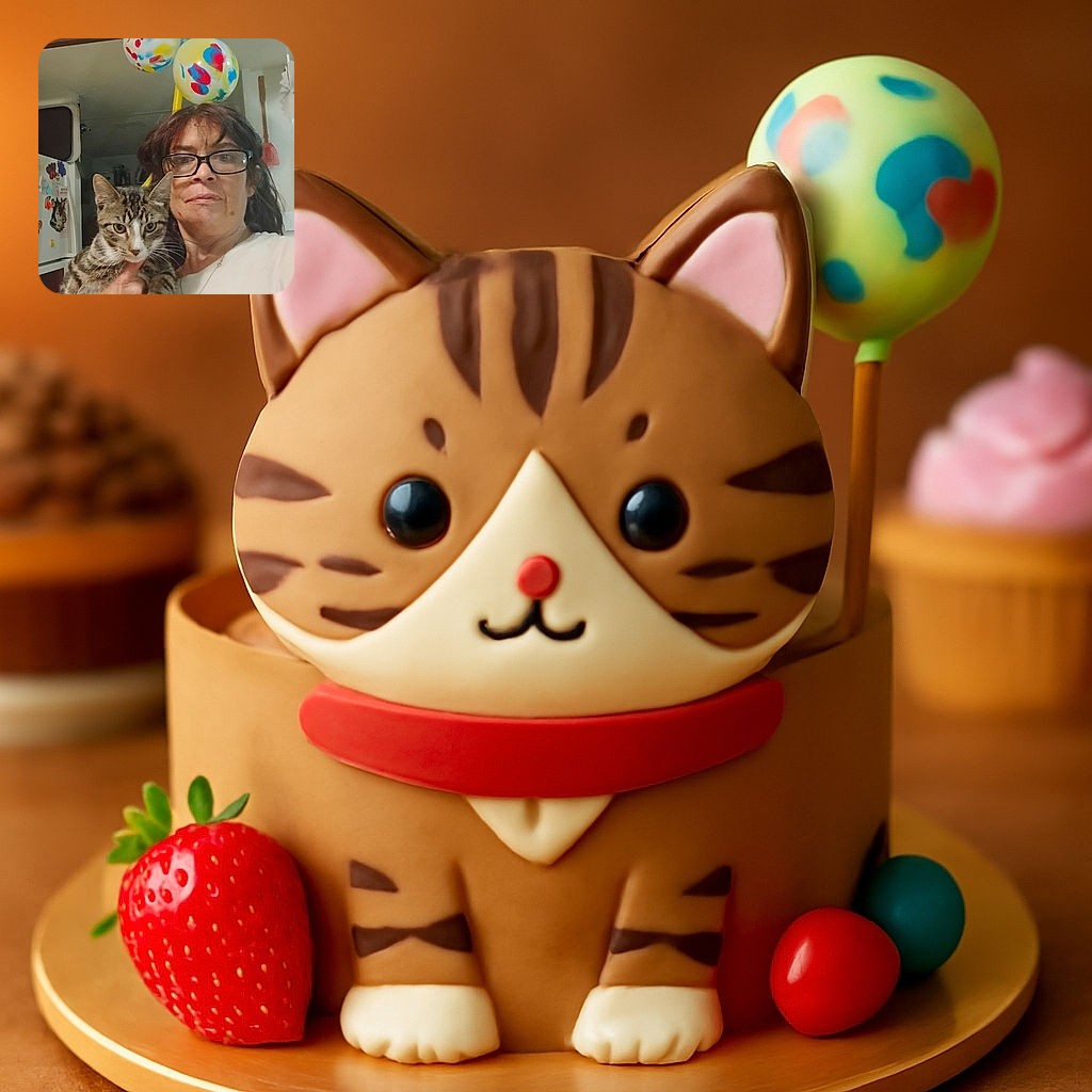 A casual selfie of a woman holding a curious tabby cat in a cozy, decorated room with colorful balloons floating above, a clock showing the time, and a fridge adorned with magnets in the background.