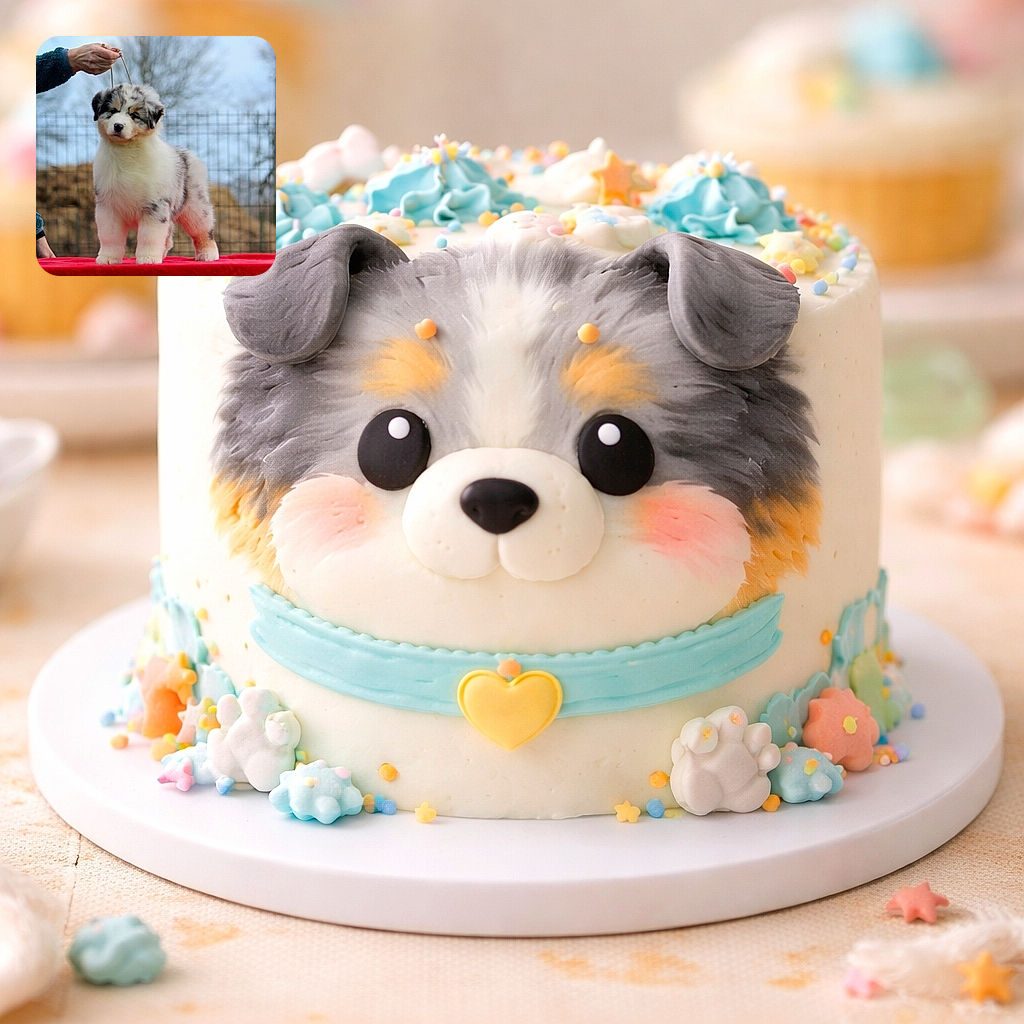 A fluffy blue-merle puppy stands on a red table like a tiny, serious show dog while a handler holds the lead — solemn face, plush coat and paws planted firmly as if judging the world with adorable disapproval.