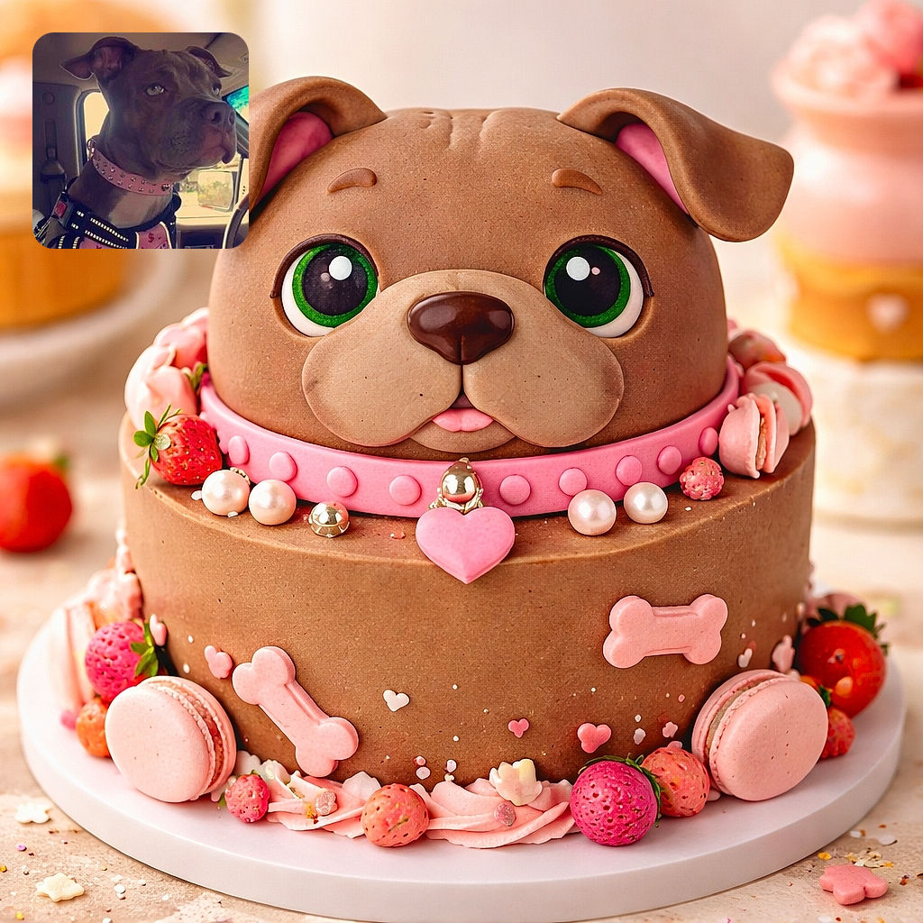 A serious-looking dog sporting a studded pink collar and a harness with reflective strips, sitting inside a vehicle with a focused gaze out the window, ready for an adventure or a drive.