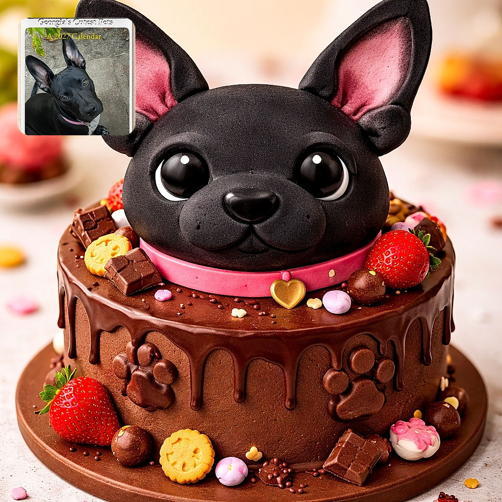 A wide-eyed black dog stares up like a guilty angel with radar-dish ears, posing on a concrete runway for a 2027 calendar — complete with pink collar, a stray leaf accessory, and a website banner trying to steal the spotlight.