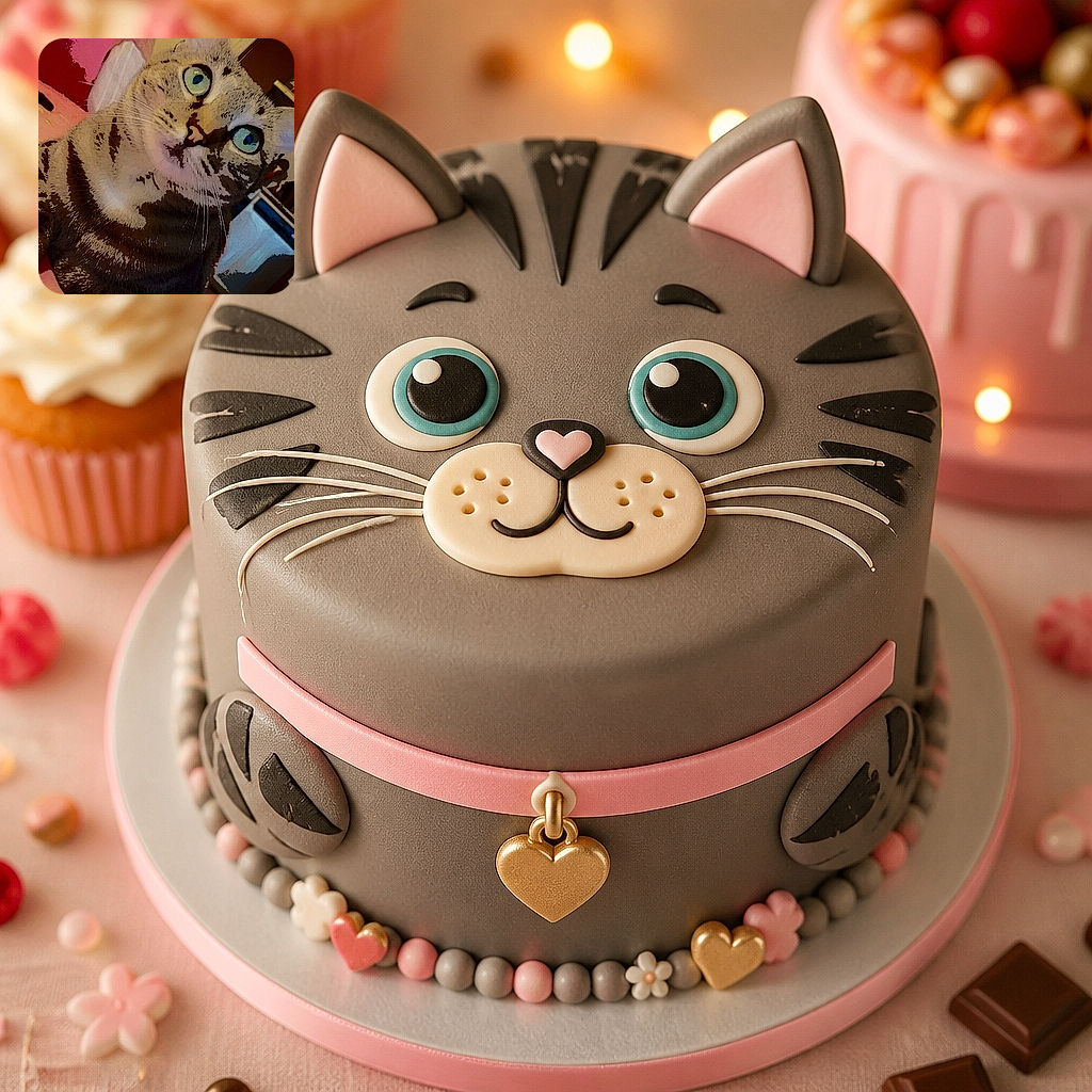 A wide-eyed tabby cat gazes into the camera like it has just discovered the universe—or an especially interesting snack. The cozy patterned blanket, dramatic tilted angle, and cartoon-like filter give the portrait a charmingly surreal feel, while the tiny “love you” message adds extra feline romance.