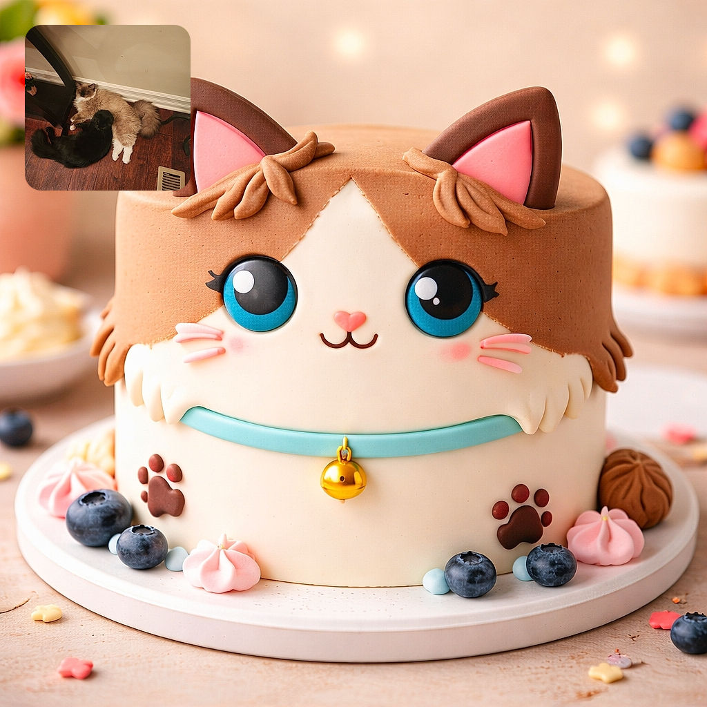 Two cats tangled like a furry yin-yang — a fluffy cream-and-white cuddle-boss and a sleek black nap-sock curled up together on warm hardwood beside a vent and table leg. Pure domestic bliss and maximum snooze energy.